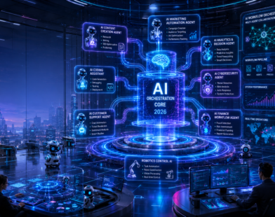 Futuristic AI operations headquarters in 2026 featuring autonomous AI workflow agents connected through a glowing orchestration core with holographic dashboards, automation pipelines, cybersecurity systems, AI analytics, robotic assistants, and smart enterprise infrastructure.