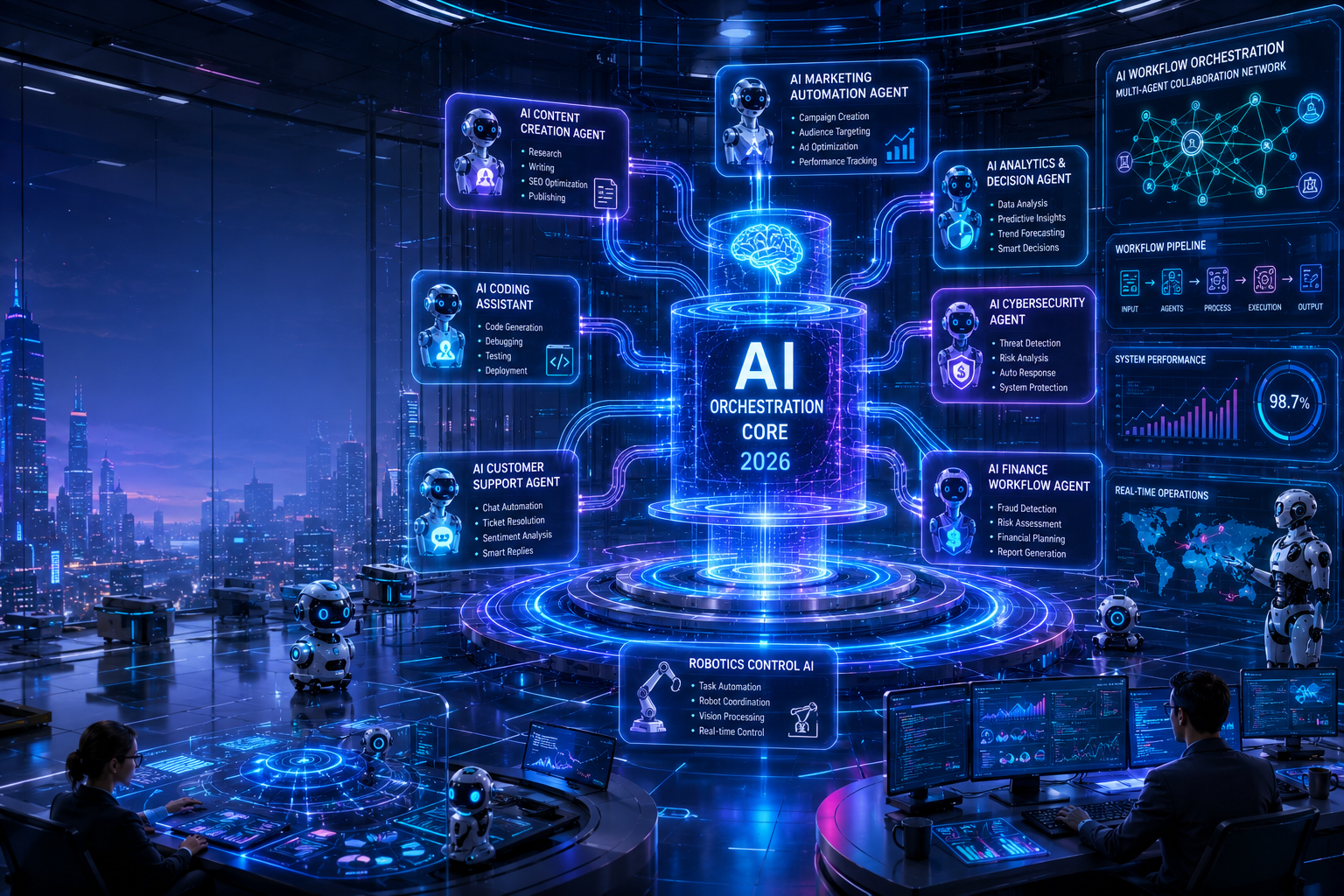 Futuristic AI operations headquarters in 2026 featuring autonomous AI workflow agents connected through a glowing orchestration core with holographic dashboards, automation pipelines, cybersecurity systems, AI analytics, robotic assistants, and smart enterprise infrastructure.