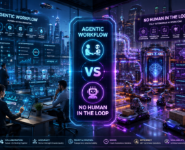 Split-screen futuristic AI automation comparison showing Agentic Workflow with human-AI collaboration on the left and No Human in the Loop autonomous AI operations on the right, connected by advanced holographic dashboards, intelligent agents, robotic systems, and a smart city background.