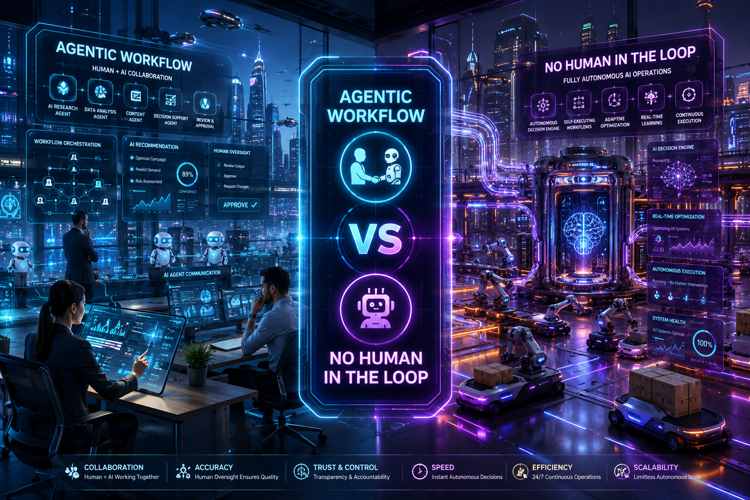 Split-screen futuristic AI automation comparison showing Agentic Workflow with human-AI collaboration on the left and No Human in the Loop autonomous AI operations on the right, connected by advanced holographic dashboards, intelligent agents, robotic systems, and a smart city background.