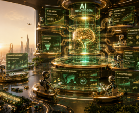 Futuristic autonomous AI business headquarters featuring an AI Executive Core managing marketing, sales, finance, operations, HR, analytics, and logistics through intelligent AI agents in a luxury enterprise environment with emerald and gold holographic dashboards.