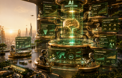 Futuristic autonomous AI business headquarters featuring an AI Executive Core managing marketing, sales, finance, operations, HR, analytics, and logistics through intelligent AI agents in a luxury enterprise environment with emerald and gold holographic dashboards.