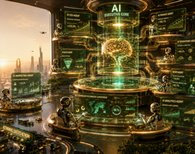 Futuristic autonomous AI business headquarters featuring an AI Executive Core managing marketing, sales, finance, operations, HR, analytics, and logistics through intelligent AI agents in a luxury enterprise environment with emerald and gold holographic dashboards.