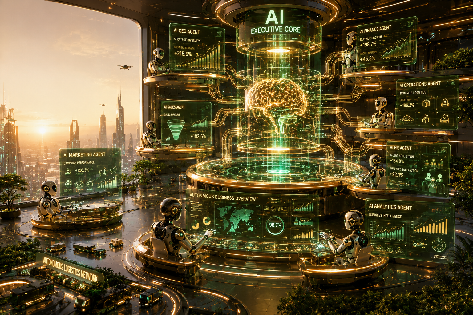 Futuristic autonomous AI business headquarters featuring an AI Executive Core managing marketing, sales, finance, operations, HR, analytics, and logistics through intelligent AI agents in a luxury enterprise environment with emerald and gold holographic dashboards.