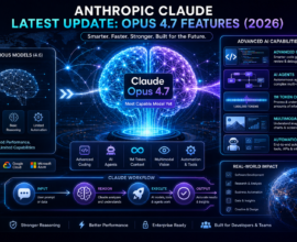 Claude Opus 4.7 AI update infographic showing advanced coding, AI agents, multimodal vision, and 1M token context with futuristic AI brain visualization