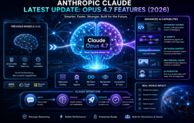 Claude Opus 4.7 AI update infographic showing advanced coding, AI agents, multimodal vision, and 1M token context with futuristic AI brain visualization
