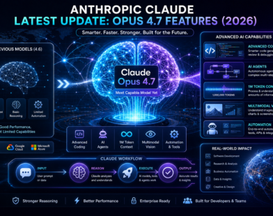 Claude Opus 4.7 AI update infographic showing advanced coding, AI agents, multimodal vision, and 1M token context with futuristic AI brain visualization