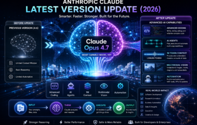 Anthropic Claude Opus 4.7 latest update infographic showing AI evolution, advanced coding, AI agents, multimodal vision, and 1M token context