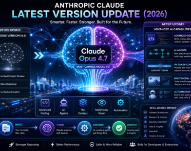 Anthropic Claude Opus 4.7 latest update infographic showing AI evolution, advanced coding, AI agents, multimodal vision, and 1M token context