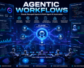 Futuristic AI operations center showing Claude Managed Agents with multi-agent orchestration, long-term memory networks, workflow automation dashboards, and autonomous AI systems in a high-tech enterprise environment.