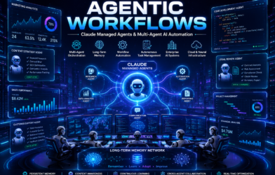 Futuristic AI operations center showing Claude Managed Agents with multi-agent orchestration, long-term memory networks, workflow automation dashboards, and autonomous AI systems in a high-tech enterprise environment.