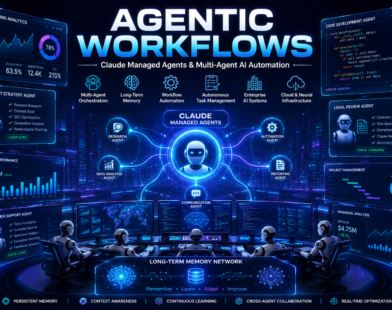 Futuristic AI operations center showing Claude Managed Agents with multi-agent orchestration, long-term memory networks, workflow automation dashboards, and autonomous AI systems in a high-tech enterprise environment.