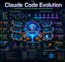 Futuristic AI software development workspace showing Claude Code Evolution with parallel AI coding agents, security monitoring dashboards, automated testing systems, and intelligent workflow automation in a high-tech enterprise environment.