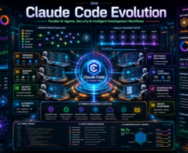 Futuristic AI software development workspace showing Claude Code Evolution with parallel AI coding agents, security monitoring dashboards, automated testing systems, and intelligent workflow automation in a high-tech enterprise environment.