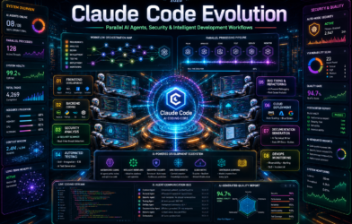 Futuristic AI software development workspace showing Claude Code Evolution with parallel AI coding agents, security monitoring dashboards, automated testing systems, and intelligent workflow automation in a high-tech enterprise environment.