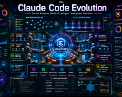 Futuristic AI software development workspace showing Claude Code Evolution with parallel AI coding agents, security monitoring dashboards, automated testing systems, and intelligent workflow automation in a high-tech enterprise environment.