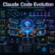 Futuristic AI software development workspace showing Claude Code Evolution with parallel AI coding agents, security monitoring dashboards, automated testing systems, and intelligent workflow automation in a high-tech enterprise environment.