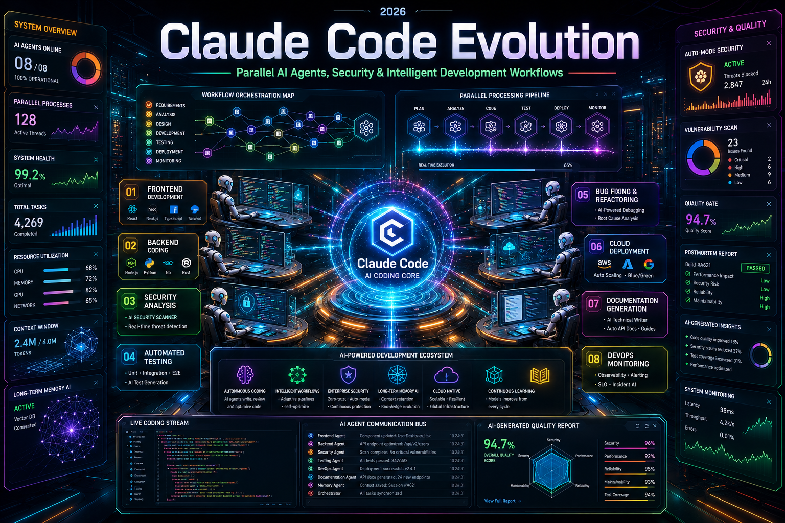 Futuristic AI software development workspace showing Claude Code Evolution with parallel AI coding agents, security monitoring dashboards, automated testing systems, and intelligent workflow automation in a high-tech enterprise environment.
