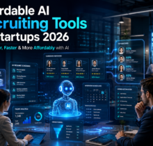 Affordable AI recruiting tools for startups in 2026 featuring an AI-powered hiring dashboard, automated resume screening, candidate matching, interview scheduling, and recruitment analytics in a futuristic startup office.