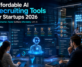 Affordable AI recruiting tools for startups in 2026 featuring an AI-powered hiring dashboard, automated resume screening, candidate matching, interview scheduling, and recruitment analytics in a futuristic startup office.