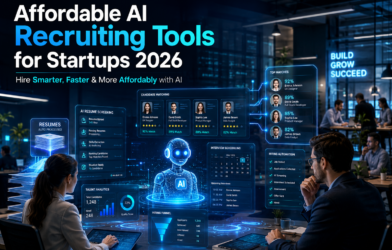Affordable AI recruiting tools for startups in 2026 featuring an AI-powered hiring dashboard, automated resume screening, candidate matching, interview scheduling, and recruitment analytics in a futuristic startup office.
