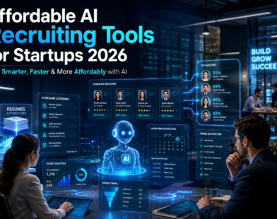 Affordable AI recruiting tools for startups in 2026 featuring an AI-powered hiring dashboard, automated resume screening, candidate matching, interview scheduling, and recruitment analytics in a futuristic startup office.