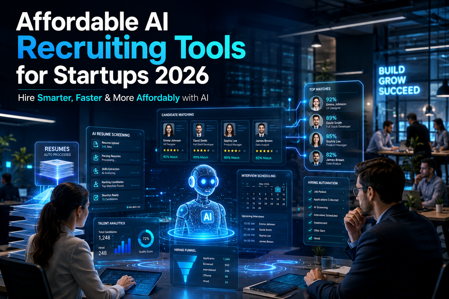 Affordable AI recruiting tools for startups in 2026 featuring an AI-powered hiring dashboard, automated resume screening, candidate matching, interview scheduling, and recruitment analytics in a futuristic startup office.