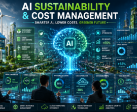 Futuristic AI sustainability and cost management dashboard featuring a holographic AI brain, green energy infrastructure, renewable-powered smart city, carbon footprint reduction metrics, cloud optimization analytics, and business leaders monitoring AI efficiency and cost savings.