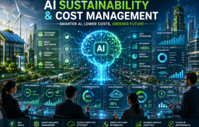 Futuristic AI sustainability and cost management dashboard featuring a holographic AI brain, green energy infrastructure, renewable-powered smart city, carbon footprint reduction metrics, cloud optimization analytics, and business leaders monitoring AI efficiency and cost savings.