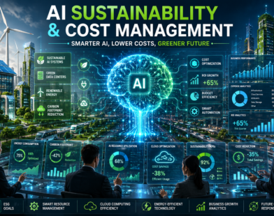 Futuristic AI sustainability and cost management dashboard featuring a holographic AI brain, green energy infrastructure, renewable-powered smart city, carbon footprint reduction metrics, cloud optimization analytics, and business leaders monitoring AI efficiency and cost savings.