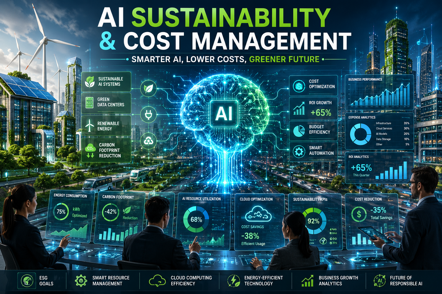 Futuristic AI sustainability and cost management dashboard featuring a holographic AI brain, green energy infrastructure, renewable-powered smart city, carbon footprint reduction metrics, cloud optimization analytics, and business leaders monitoring AI efficiency and cost savings.
