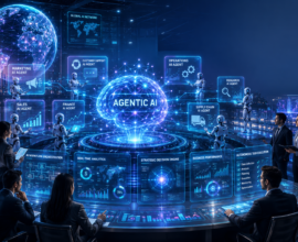 Futuristic AI operations center featuring a glowing Agentic AI core, autonomous AI agents, business professionals, holographic dashboards, and a global digital network representing intelligent business automation.