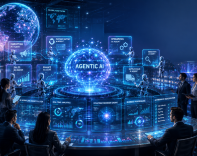 Futuristic AI operations center featuring a glowing Agentic AI core, autonomous AI agents, business professionals, holographic dashboards, and a global digital network representing intelligent business automation.