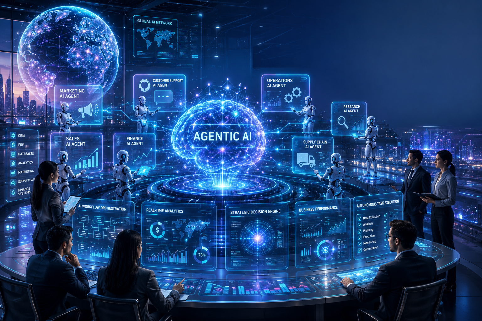 Futuristic AI operations center featuring a glowing Agentic AI core, autonomous AI agents, business professionals, holographic dashboards, and a global digital network representing intelligent business automation.