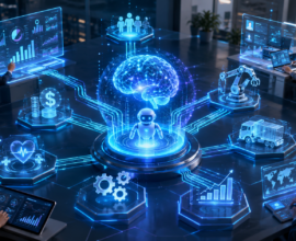 Agentic AI transformation concept showing a central AI agent connected to business functions including healthcare, finance, logistics, analytics, and workflow automation, with professionals collaborating through futuristic digital dashboards.