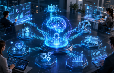 Agentic AI transformation concept showing a central AI agent connected to business functions including healthcare, finance, logistics, analytics, and workflow automation, with professionals collaborating through futuristic digital dashboards.