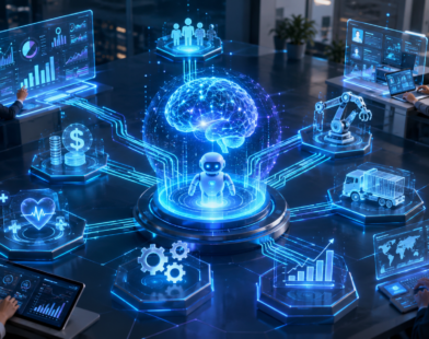 Agentic AI transformation concept showing a central AI agent connected to business functions including healthcare, finance, logistics, analytics, and workflow automation, with professionals collaborating through futuristic digital dashboards.