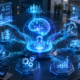Agentic AI transformation concept showing a central AI agent connected to business functions including healthcare, finance, logistics, analytics, and workflow automation, with professionals collaborating through futuristic digital dashboards.