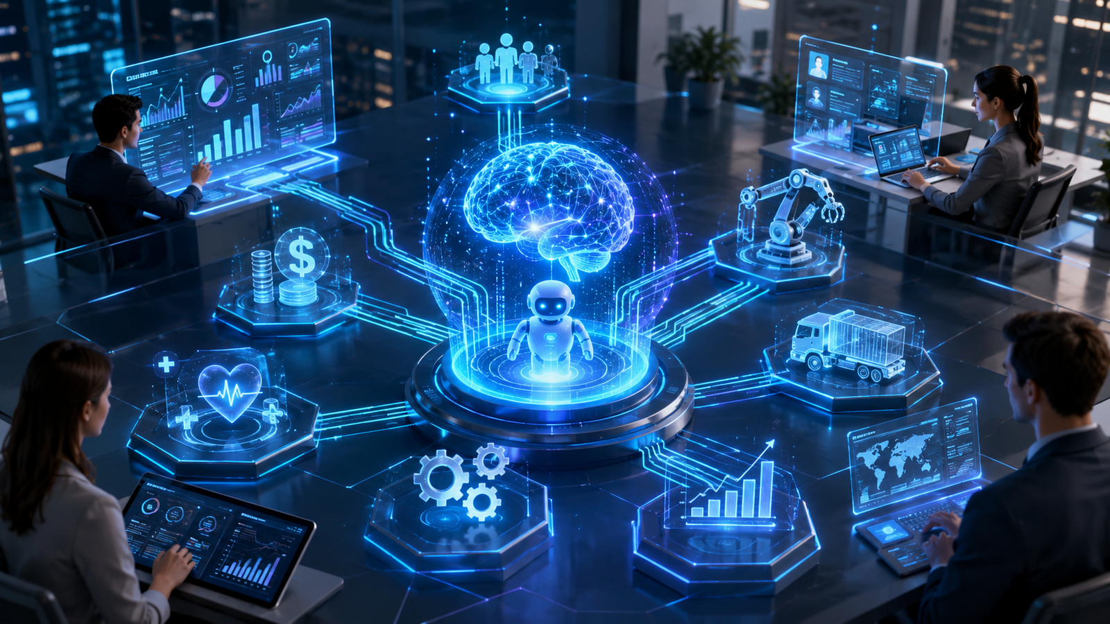 Agentic AI transformation concept showing a central AI agent connected to business functions including healthcare, finance, logistics, analytics, and workflow automation, with professionals collaborating through futuristic digital dashboards.