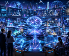 Futuristic global AI command center with AI agents, intelligent assistants, business automation, robotics, cybersecurity systems, and real-time AI innovation networks in June 2026.