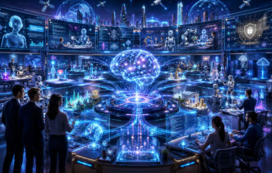 Futuristic global AI command center with AI agents, intelligent assistants, business automation, robotics, cybersecurity systems, and real-time AI innovation networks in June 2026.