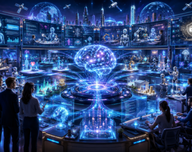 Futuristic global AI command center with AI agents, intelligent assistants, business automation, robotics, cybersecurity systems, and real-time AI innovation networks in June 2026.