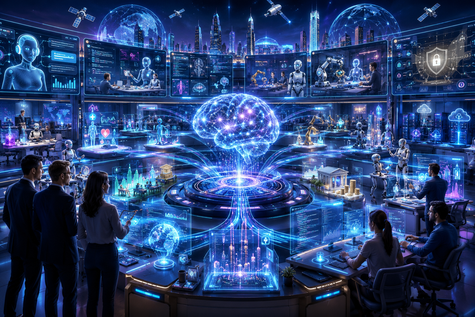 Futuristic global AI command center with AI agents, intelligent assistants, business automation, robotics, cybersecurity systems, and real-time AI innovation networks in June 2026.