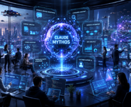 Claude Mythos futuristic AI command center featuring a glowing neural intelligence core, human-AI collaboration, business automation dashboards, coding assistants, data analytics, and a smart city powered by advanced artificial intelligence.