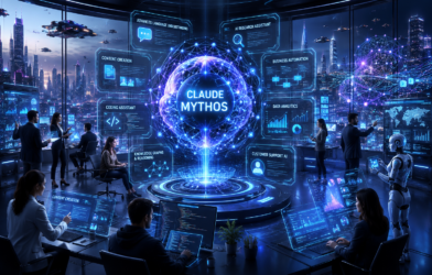 Claude Mythos futuristic AI command center featuring a glowing neural intelligence core, human-AI collaboration, business automation dashboards, coding assistants, data analytics, and a smart city powered by advanced artificial intelligence.