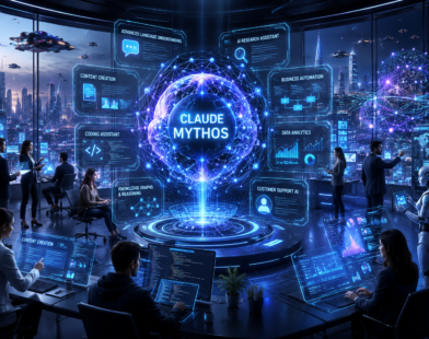 Claude Mythos futuristic AI command center featuring a glowing neural intelligence core, human-AI collaboration, business automation dashboards, coding assistants, data analytics, and a smart city powered by advanced artificial intelligence.