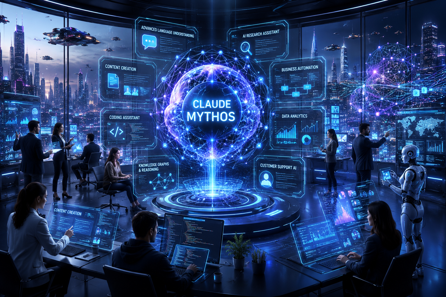 Claude Mythos futuristic AI command center featuring a glowing neural intelligence core, human-AI collaboration, business automation dashboards, coding assistants, data analytics, and a smart city powered by advanced artificial intelligence.