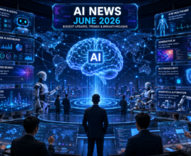 AI News June 2026 featured image showing a futuristic global AI command center with a holographic AI brain, autonomous AI agents, humanoid robots, enterprise analytics dashboards, healthcare AI systems, cybersecurity protection, smart cities, and worldwide artificial intelligence networks.