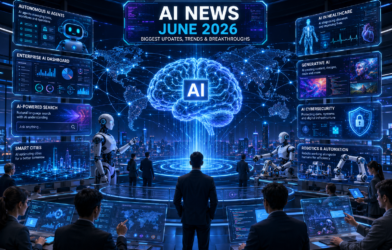 AI News June 2026 featured image showing a futuristic global AI command center with a holographic AI brain, autonomous AI agents, humanoid robots, enterprise analytics dashboards, healthcare AI systems, cybersecurity protection, smart cities, and worldwide artificial intelligence networks.