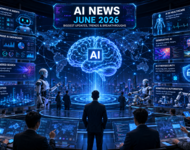 AI News June 2026 featured image showing a futuristic global AI command center with a holographic AI brain, autonomous AI agents, humanoid robots, enterprise analytics dashboards, healthcare AI systems, cybersecurity protection, smart cities, and worldwide artificial intelligence networks.